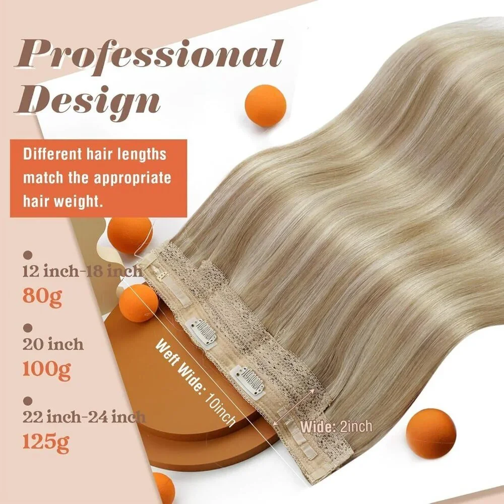 Human Hair Extensions Golden Blonde 18 Inch Clip-in Invisible Wire Versatile